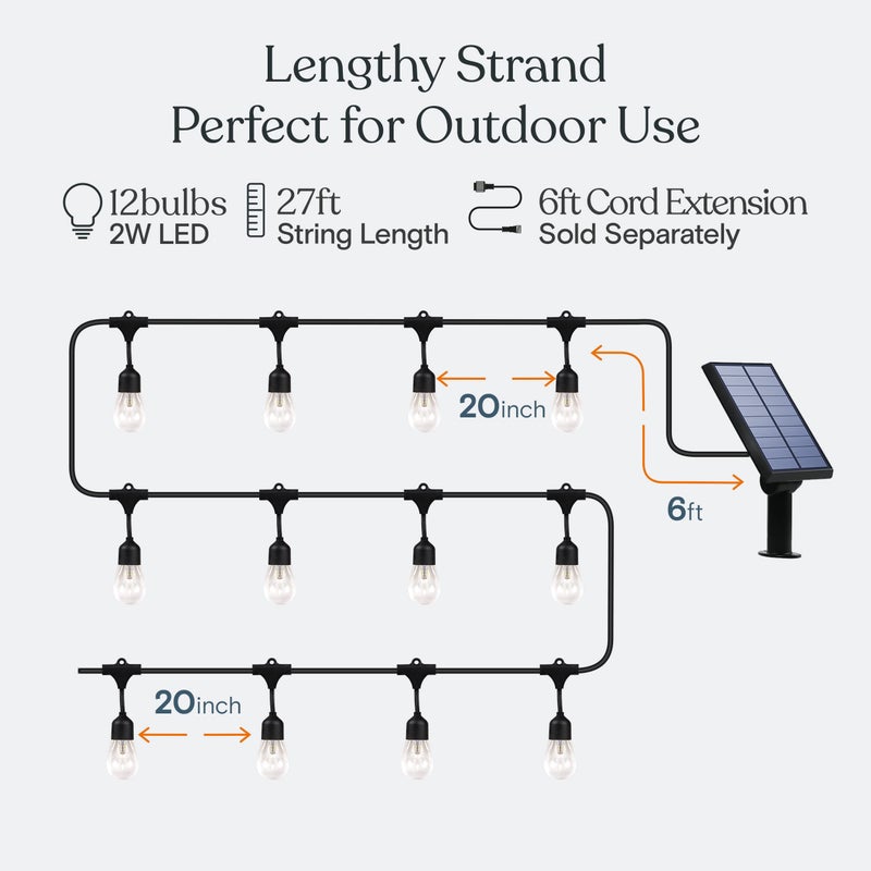 Brightech Ambience Pro Solar Powered Outdoor Patio String Lights - Commercial Grade 27 Ft Waterproof with 12 Edison Bulbs , Shatterproof LED - 2W , Soft White - Image 3